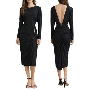 Vintage 80s Siasia New York Cocktail Dress 10 Open Back Ruched Rhinestone Accent